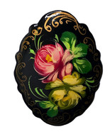 Russian Black Lacquer Floral oval Vintage Flowers Brooch Pin 2&quot; - £7.53 GBP