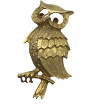 Vintage Large Owl On Branch Brooch Pin Gold Tone Red Rhinestone Eyes Woodland - £9.54 GBP