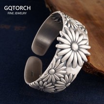 Real Pure 999 Sterling Silver Bangles for Women Large Chrysanthemum Embossed Ope - £152.10 GBP