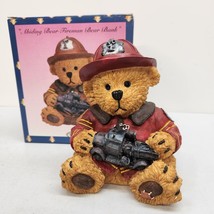 Abiding Bear Holding Toy Firetruck  Fireman Bank Firefighter Resin 6&quot; Ta... - £11.40 GBP