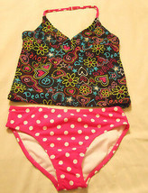 Op Kid Swim Suit Girls L 10-12 Tankini Set Kids Swimwear Black Print UPF 50+ - £13.54 GBP