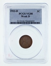 1922-D 1C Blé Penny Weak D Classé Par PCGS Comme VG-08 ! Superbe - $220.35