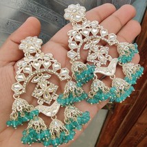 Bollywood Style Gold Plated Indian CZ Kundan Blue Jhumka Earrings Jewelry Set - £29.87 GBP