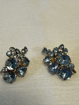 Vintage made in Czechoslovakia blue rhinestone gold tone screw back earr... - $14.84