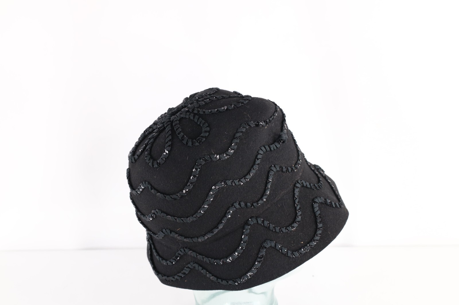 Vintage 50s Rockabilly Wool Felt Sequined Flower Bucket Hat Cap Black Womens USA Item image 6