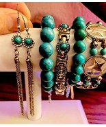 OOAK &quot;Reinvented&quot; Southwest Turquoise color/Silvertone Bracelet and Earr... - £30.02 GBP