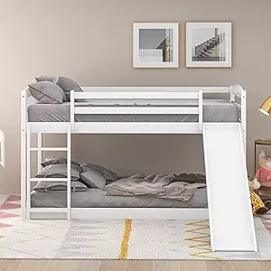 New Twin-Over-Twin Low Bunk Bed With Slide Ladder And Guardrail For Kids... - $544.99