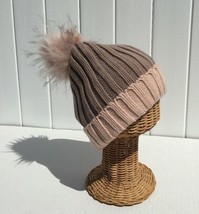 Women&#39;S Two-Tone Khaki / Peach Rib Knitted Ski Beanie Hat With Faux Fur Pom #C F - £22.36 GBP
