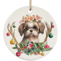 Funny Shih Tzu Puppy Dog With Deer Anlters Christmas Ornament Ceramic Gift Decor - £11.93 GBP