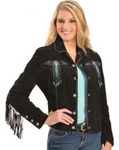 Women&#39;s Turquoise Bead Suede Western Cowgirl Style Leather Jacket with Fringe - £72.06 GBP+