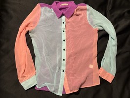 Fun2Fun Women’s Colorblock Sheer Button-Up Blouse Sz L Coral Blue Purple... - $10.95