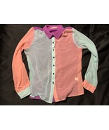 Fun2Fun Women’s Colorblock Sheer Button-Up Blouse Sz L Coral Blue Purple... - $15.36 CAD