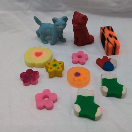 Lot Of (12) Vintage Eraser/Rubber Toys Cats Stockings Star Flower Apple Sun - $17.81
