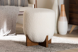 Abella Japandi Cream Boucle Fabric and Walnut Brown Ottoman Footstool - $149.00