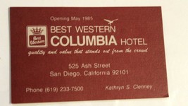 Columbia Hotel Vintage Business Card San Diego California Best Western bc3 - £3.81 GBP