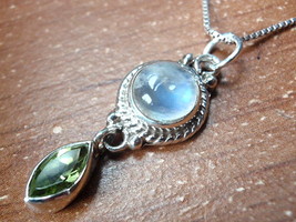 Faceted Peridot &amp; Moonstone Pendant 925 Sterling Silver Rope Style Accents New - £15.86 GBP