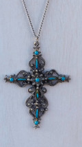 Vintage Roma Faux Turquoise Petite Point Cross 24 Inch Necklace, Signed,... - $22.50
