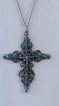 Vintage Roma Faux Turquoise Petite Point Cross 24 Inch Necklace, Signed, 1960s - £16.80 GBP