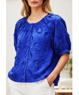 CHICO'S Floral Embroidered Button-Down Blouse Size-3/16 Royal Blue 100%Cotton - $49.48