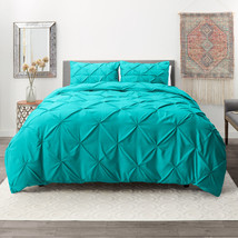 Teal Full Pinch Pleat Duvet Cover Set 3Pc Luxurious Pintuck Style - £46.33 GBP