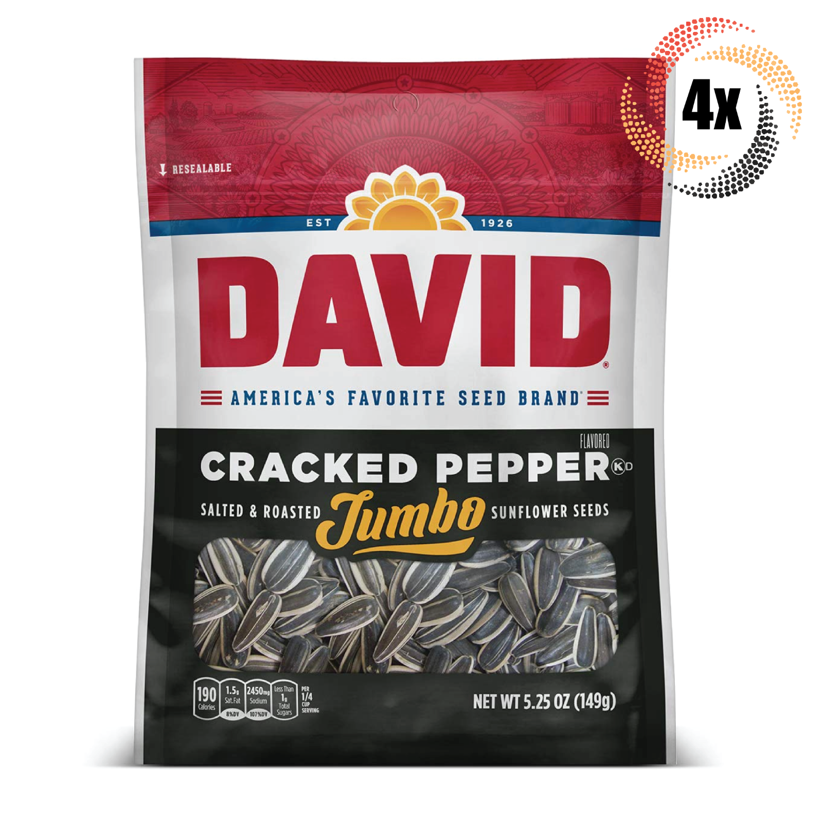 4x David Jumbo Cracked Pepper Sunflower Seed Bags 5.25oz Let's get CRACKING! - £15.62 GBP