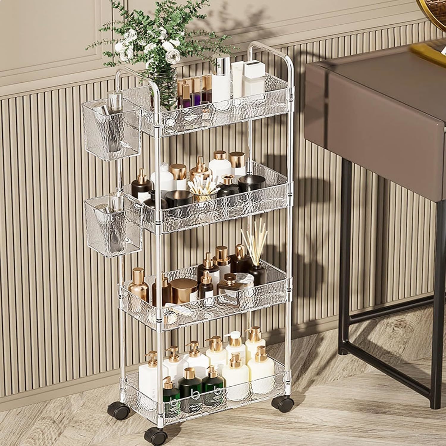 4 Tier Acrylic Rolling Storage Cart Clear Bathroom Cart Organizer, Transparency