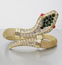 Large Vintage Emerald Green Rhinestone Gold Tone Mesh Adjustable SNAKE Bracelet - $23.75