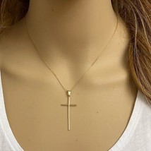 10k Solid Yellow Gold Dainty Thin Simple Long Cross Pendant Necklace - £96.08 GBP+