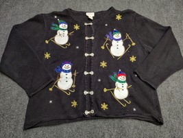Vintage Crystal Kobe Cardigan Snowman Christmas Sweater Women Large Black - £22.03 GBP