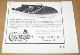 1958 Print Ad CrownLine X-60 Boats Crown Line Mfg Onarga,IL - $7.29