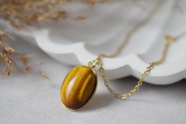 Necklace Oval Tiger Eye Gemstone Pendant, Tigers Eye Gold Plated Stainless Steel - £25.72 GBP