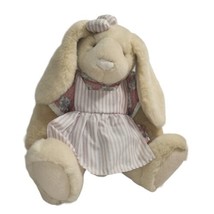 Vtg Commonwealth Plush Brown Bunny Rabbit Pink Striped Bow Dress Apron 1993 13&quot; - £19.77 GBP