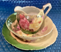 Set/3  Hand Painted Desert Bowl, Plate, Creamer, Roses Pink/Yellow/Green Dishes - £23.90 GBP