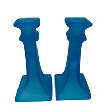 Vintage Pair of Frosted Aqua Blue Glass Candle Stick Holders - £23.49 GBP