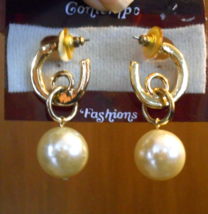 Contempo Fashions Gold-tone Hoop Large Faux Pearl Dangle Earrings 2&quot; Long Chunky - £11.71 GBP