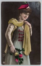 RPPC Edwardian Woman Hat Scarf Hand Colored Photo Postcard S21 - $11.95