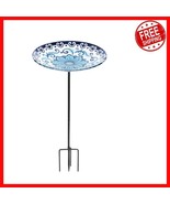 Sturdy Blue Glass Bird Bath with Four-Pronged Base – Perfect for Outdoor... - $48.50