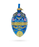 Flowers on Glossy Blue Egg Christmas Ornament 4 Inches - £39.27 GBP
