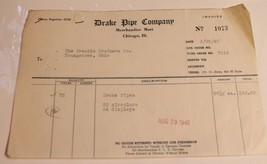 Vintage Drake Pipe Company Receipt from August 29 1940 Ephemera Chicago - £10.11 GBP