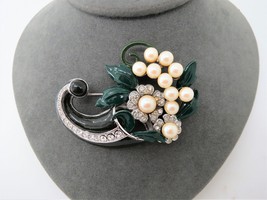 Coro Enamel Brooch Horn Flower Faux Pearls Base Metal Green Rhinestone 3&quot; Signed - £177.76 GBP