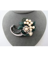 Coro Enamel Brooch Horn Flower Faux Pearls Base Metal Green Rhinestone 3... - £177.22 GBP