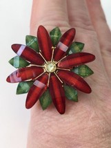 Red Green Statement Flower Ring Beautiful Detail Anytime or Christmas Holiday - £9.41 GBP