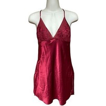 Vintage 90s ruby red satin racerback mini slip dress floral embroidered bust M - $33.96