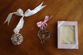 Pewter Pink Heart Ribbon &amp; Sphere Breast Cancer Awarenesss Hanging Ornam... - $14.24