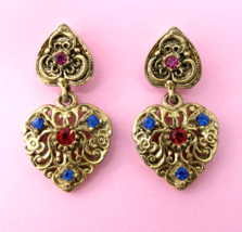 Vintage Heart Pierced Earrings Gold Tone Drop Dangle Blue Red Glass Rhinestones - £8.03 GBP