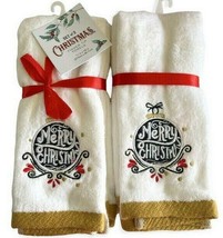 Merry Christmas Fingertip Towels Embroidered Ornament Set of 2 White Gold - £28.46 GBP