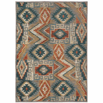 4&#39; X 6&#39; Blue Teal Grey Orange Gold Ivory And Rust Geometric Power Loom Stain Res - £209.03 GBP