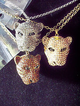 Silver or Rose BLING Rhinestone 3D Leopard Cat Head Necklace Pendant w Chain - £32.23 GBP