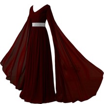 Kivary V Neck Long Sleeves Chiffon Goddess Prom Vintage Evening Dresses Burgundy - £104.49 GBP