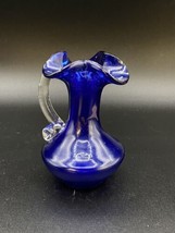 Vintage Blue Cobalt Clear Applied Handle Vase 5” Pitcher Hand Blown - $22.27